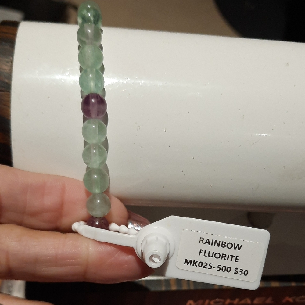 Genuine Rainbow Fluorite Stretchy Beaded Bracelet Stainless Steel Bead